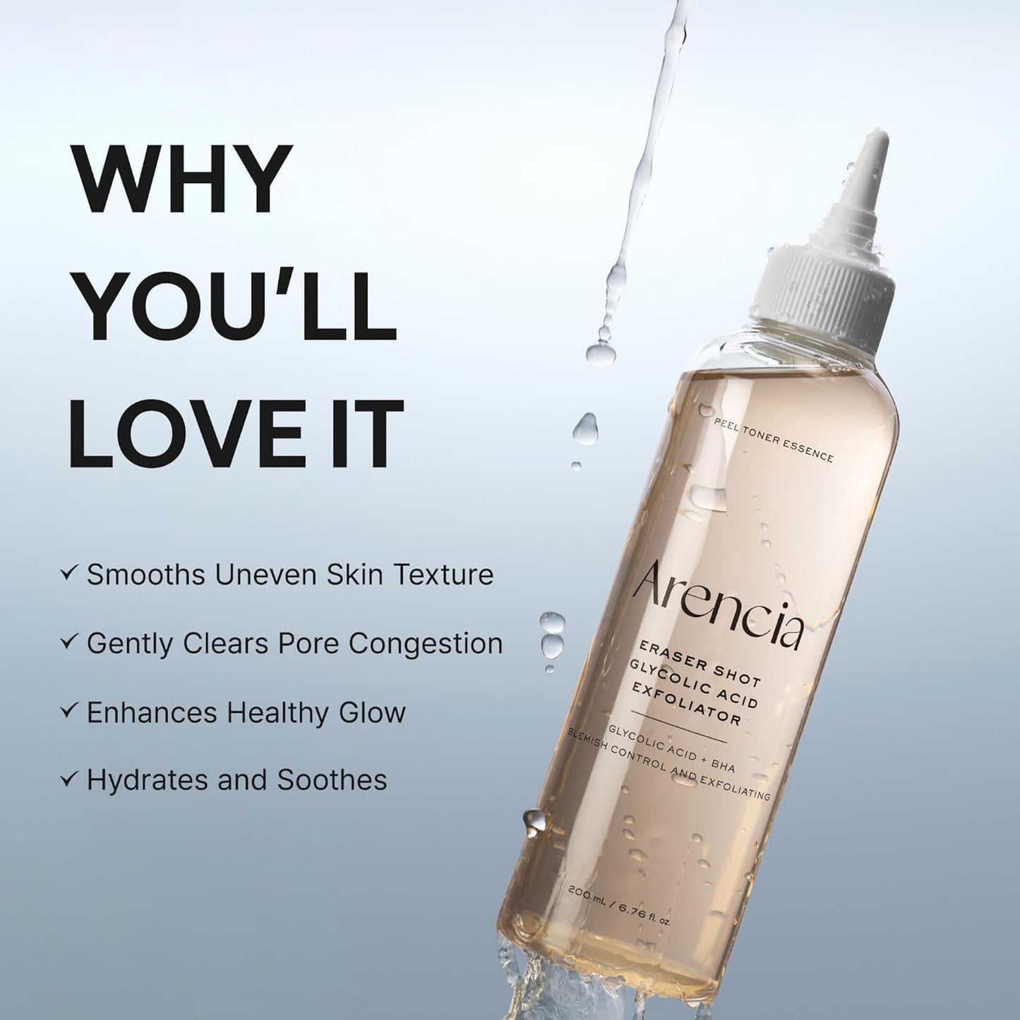 Arencia - Eraser Shot Glycolic Acid 10% Exfoliator + BHA Exfoliating Toner, AHA Liquid Exfoliant (200ml)